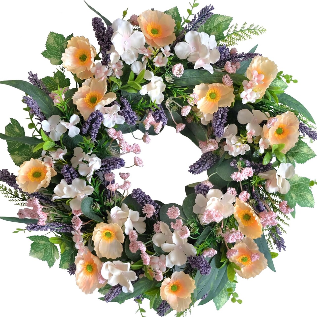 Summer 24-inch Wreath Purple Lavender Yellow Flowers Green Leaf Wreath Wedding Holiday Party Office Decoration Spring Summer Front Door Indoor Outdoor Home Decoration